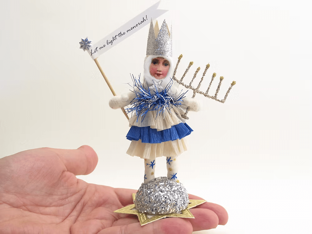 Menorah Hanukkah Girl Figure | Vintage by Crystal Spun Cotton Ornament - Bon Ton goods