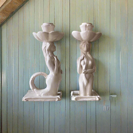 Sicilian Mermaid Candlestick - Cream Glaze