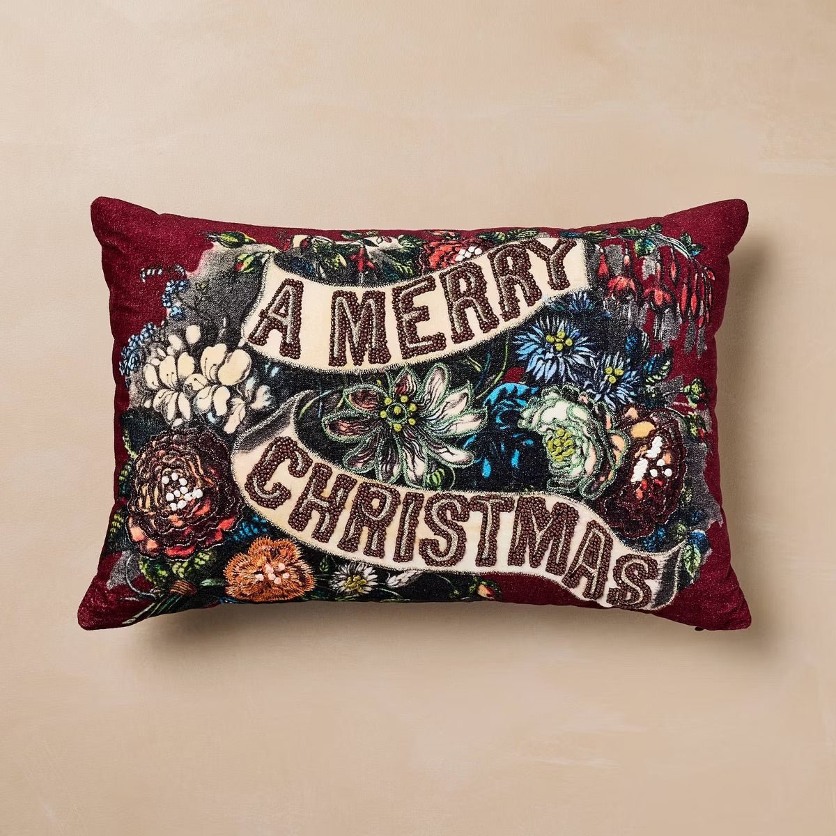 Merry Christmas Floral Pillow | John Derian - Bon Ton goods