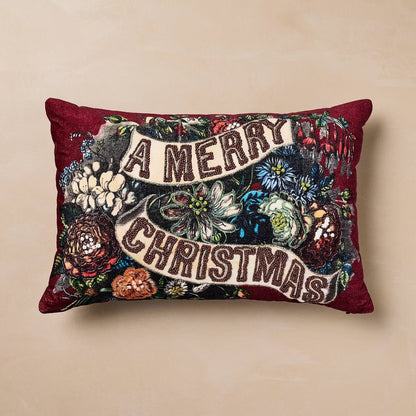 Merry Christmas Floral Pillow | John Derian - Bon Ton goods