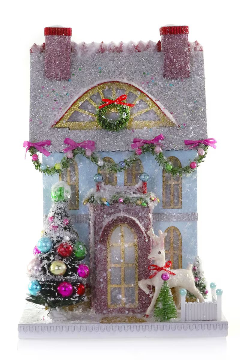 Merry Reindeer Chateau Christmas House – Glittery Storybook Holiday Décor - Bon Ton goods
