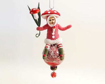 Mushroom Child On Ball Ornament - Vintage by Crystal | Vintage by Crystal Spun Cotton Ornament - Bon Ton goods