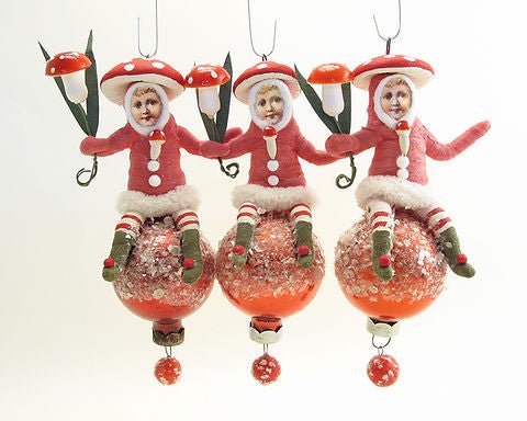 Mushroom Child On Ball Ornament - Vintage by Crystal | Vintage by Crystal Spun Cotton Ornament - Bon Ton goods