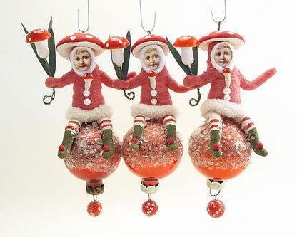 Mushroom Child On Ball Ornament - Vintage by Crystal | Vintage by Crystal Spun Cotton Ornament - Bon Ton goods