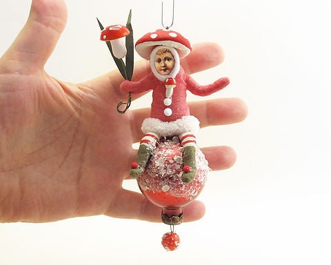 Mushroom Child On Ball Ornament - Vintage by Crystal | Vintage by Crystal Spun Cotton Ornament - Bon Ton goods