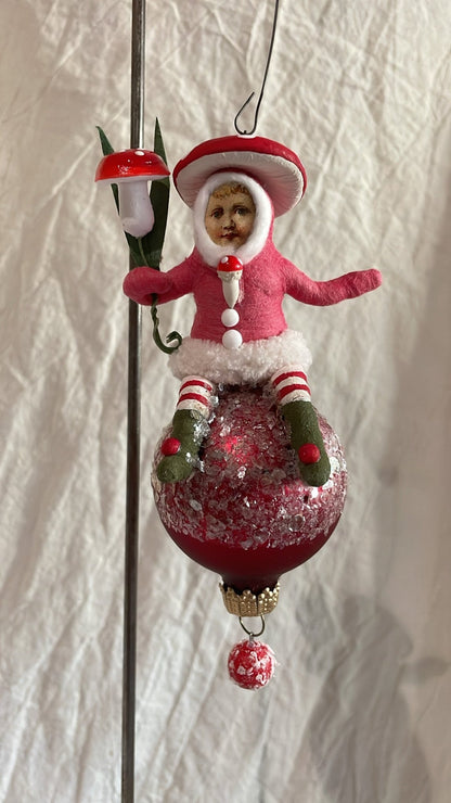 Mushroom Child On Ball Ornament - Vintage by Crystal | Vintage by Crystal Spun Cotton Ornament - Bon Ton goods