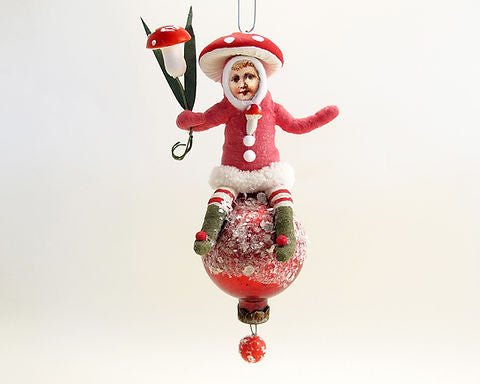 Mushroom Child On Ball Ornament - Vintage by Crystal | Vintage by Crystal Spun Cotton Ornament - Bon Ton goods