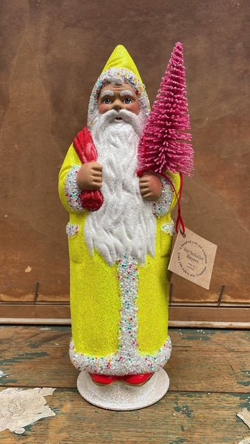 Neon Yellow Santa With Sugar Beaded Edge, Red Bag/Boots & Hot Pink Tree | Ino Schaller - Bon Ton goods