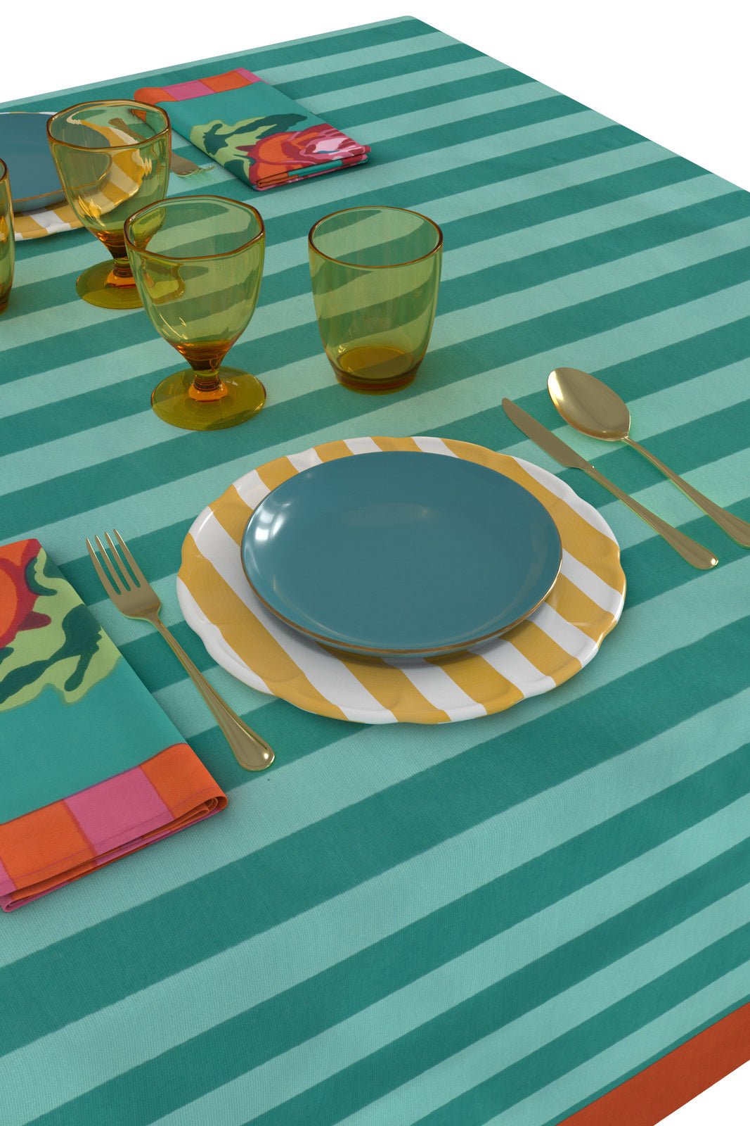 Nizam Stripes Aqua-Veronese Tablecloth – 180X180 | Lisa Corti - Bon Ton goods