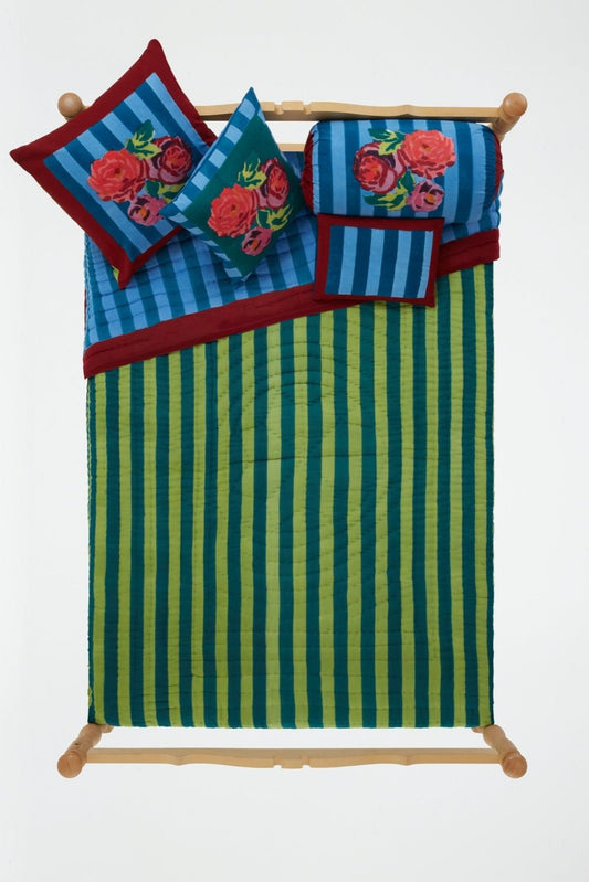 Nizam Stripes Ferozi Sugar - Reversible Quilt - Bon Ton goods