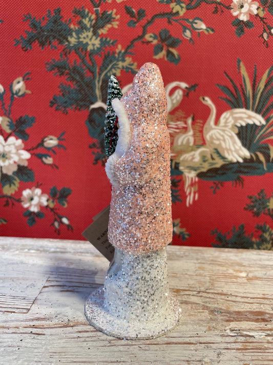 Nude Pink Glittered Santa Holding Frosted Tree | Ino Schaller - Bon Ton goods