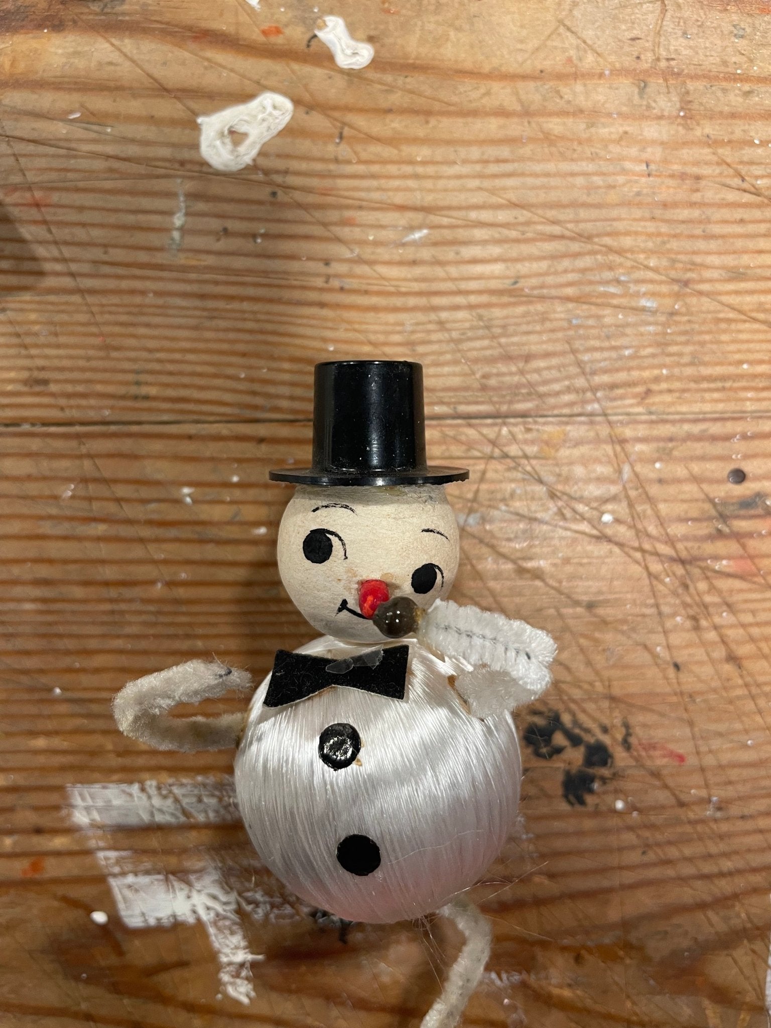 Original Vintage Japan Snowman Christmas Ornament – Silk Thread Body with Pipe Cleaner Arms - Bon Ton goods