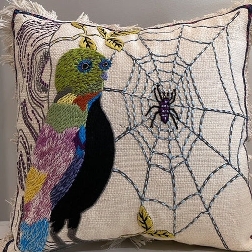 Owl and Spider Embroidered Cushion #1 - Bon Ton goods