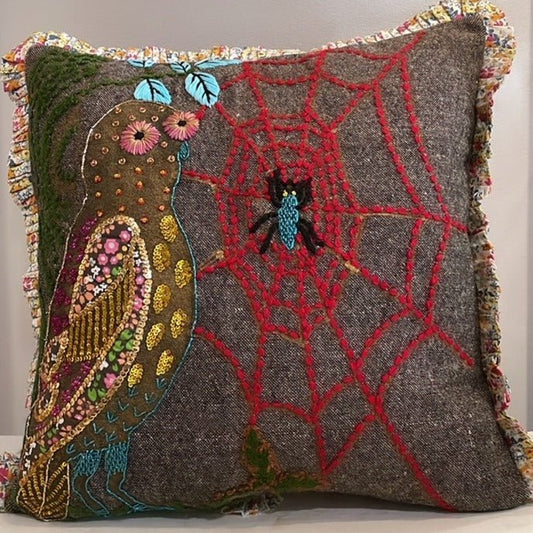 Owl and Spider Embroidered Cushion 2 - Bon Ton goods