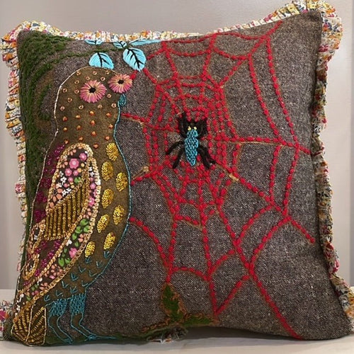 Owl and Spider Embroidered Cushion #2 - Bon Ton goods