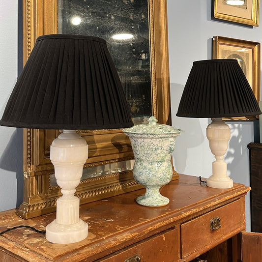 Pair of Alabaster Table Lamps with Shades, Mid 20th Century - Bon Ton goods