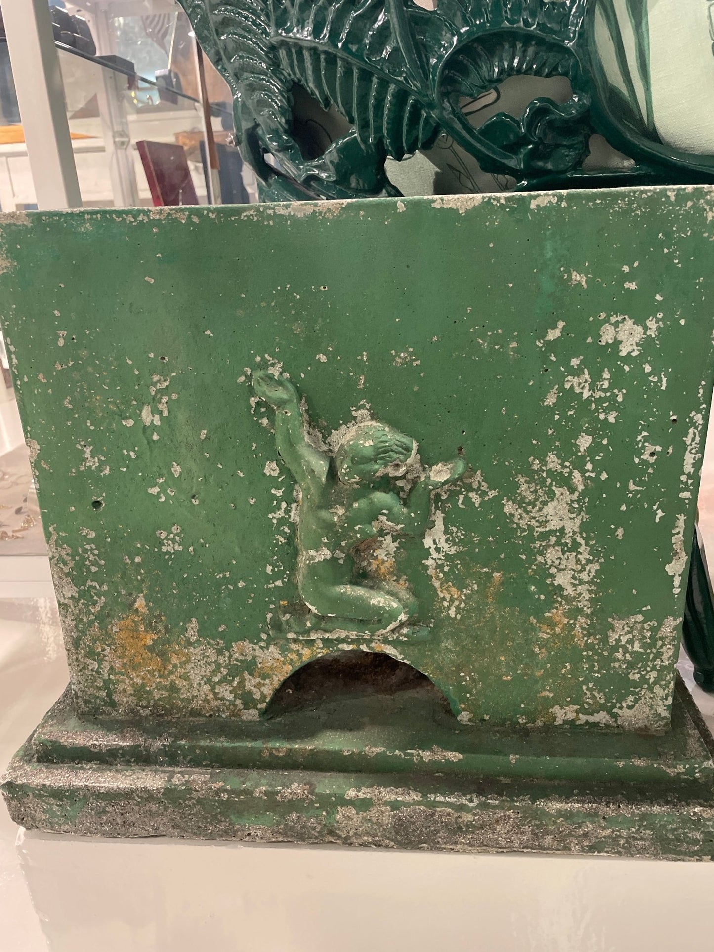 Pair of Antique Garden Stands with Mermaid Relief — Green Patinated Concrete - Bon Ton goods