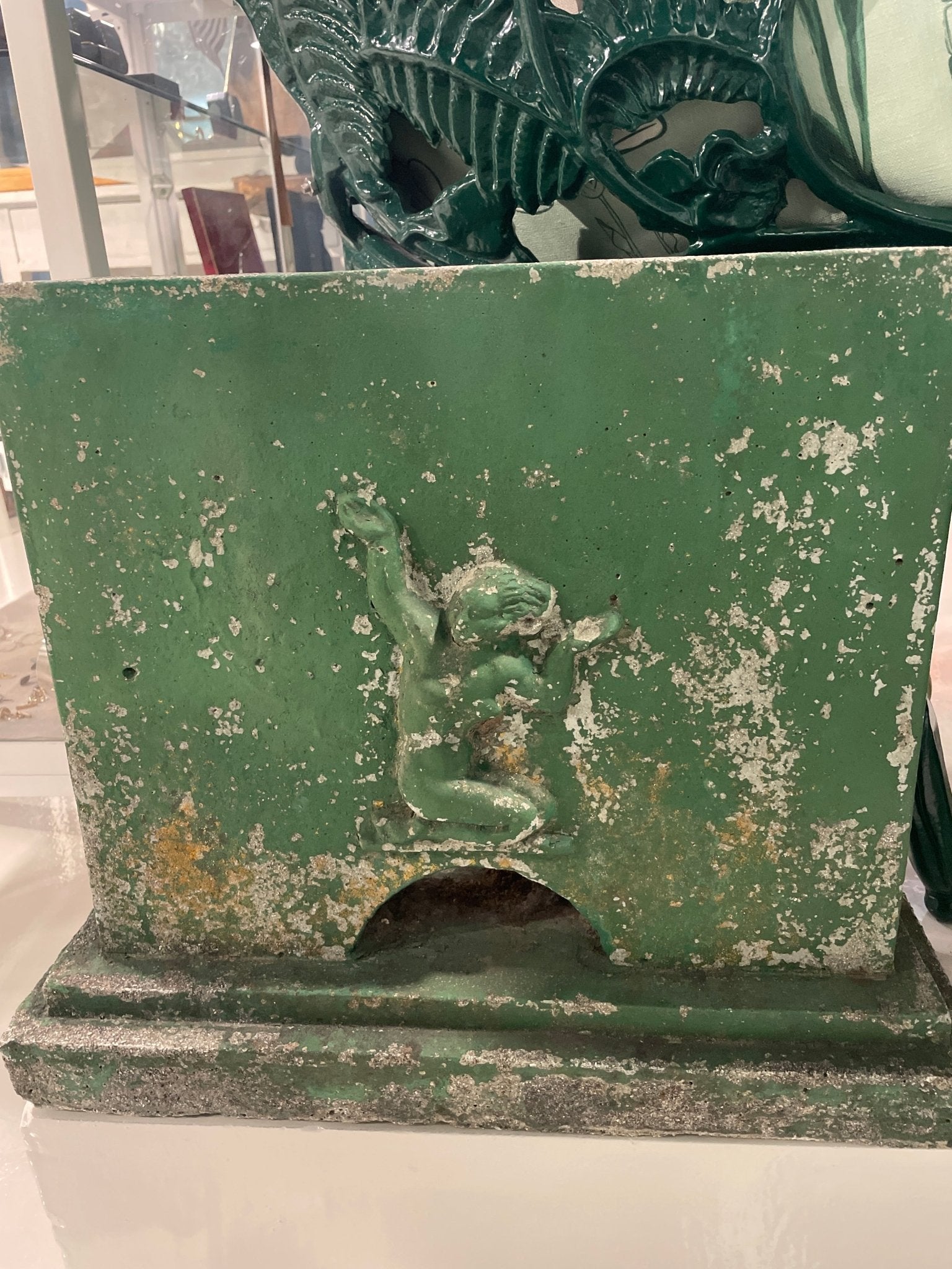 Pair of Antique Garden Stands with Mermaid Relief — Green Patinated Concrete - Bon Ton goods