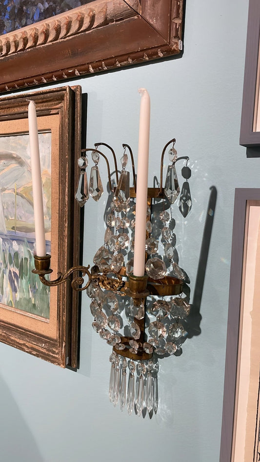Pair of Antique Swedish Brass Wall Sconces with Crystal and Bow Detail - Bon Ton goods