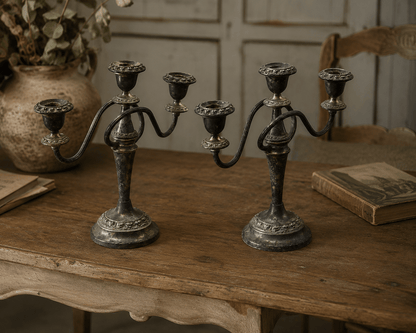 Pair of English Nickel Silver Three-Light Candelabra - Bon Ton goods