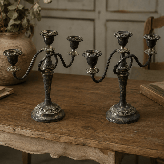 Pair of English Nickel Silver Three-Light Candelabra - Bon Ton goods