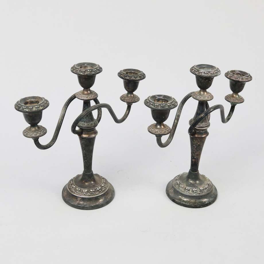 Pair of English Nickel Silver Three-Light Candelabra - Bon Ton goods