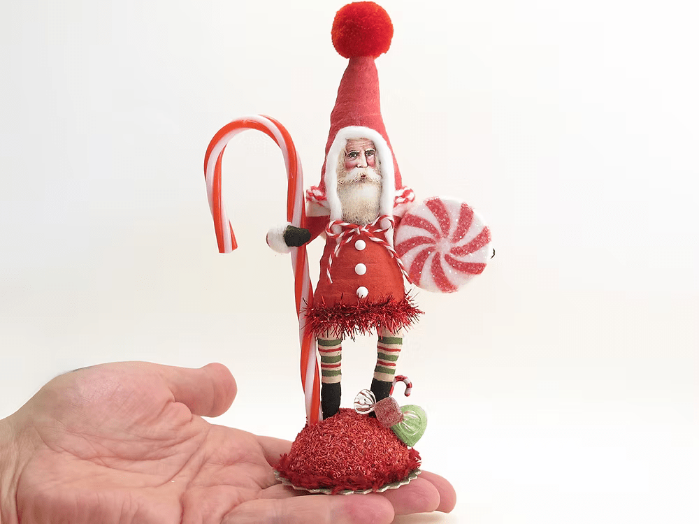 Peppermint Candy Santa Figure | Vintage by Crystal Spun Cotton Ornament - Bon Ton goods