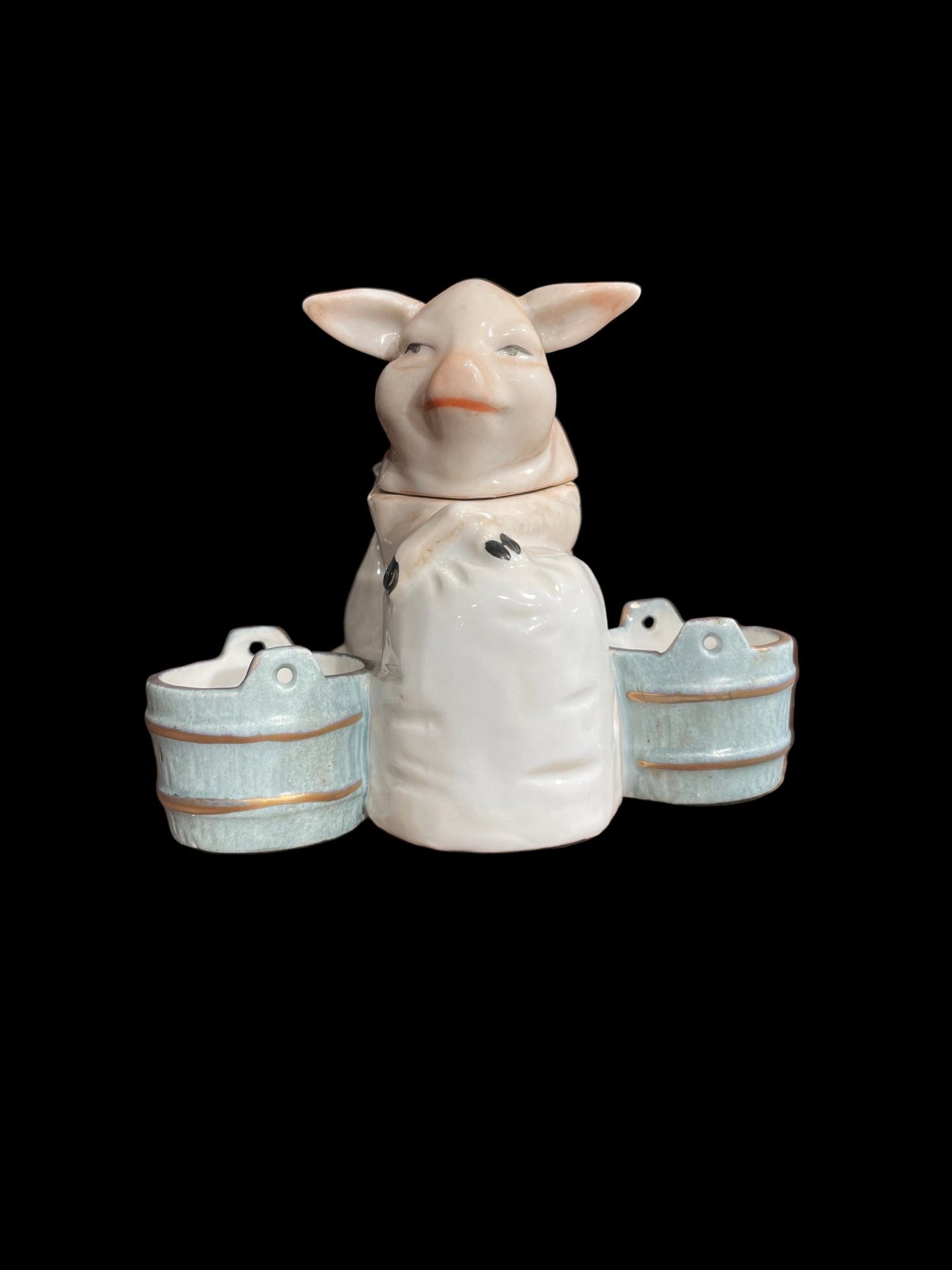 Pig Mustard Pot with Double Buckets (c. 1900) French Porcelain - Bon Ton goods