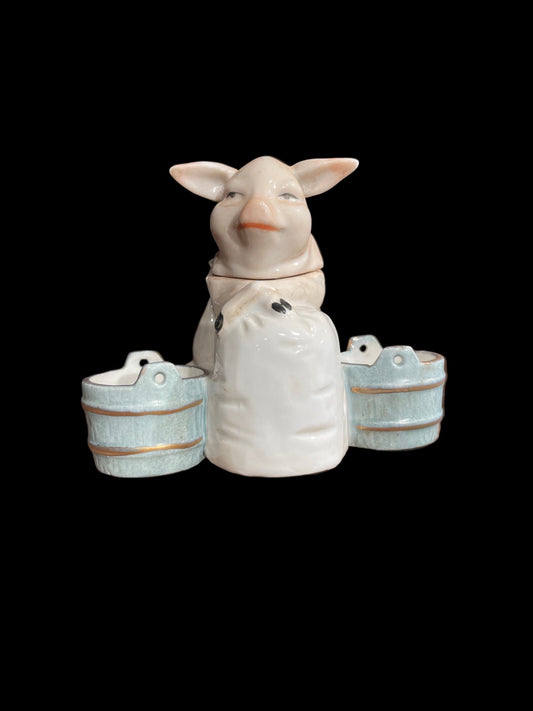 Pig Mustard Pot with Double Buckets (c. 1900) French Porcelain - Bon Ton goods
