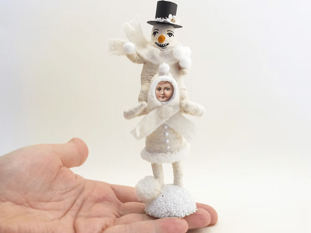 Piggy Back Snowman Figure | Vintage by Crystal Spun Cotton Ornament - Bon Ton goods