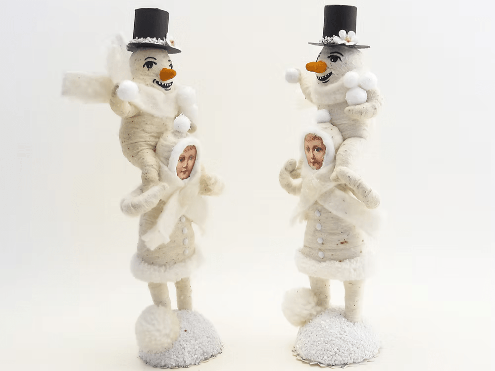 Piggy Back Snowman Figure | Vintage by Crystal Spun Cotton Ornament - Bon Ton goods
