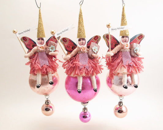 Pink Butterfly Fairy Ornament | Vintage by Crystal Spun Cotton Ornament - Bon Ton goods