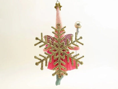 Pink Fairy On Golden Snowflake | Vintage by Crystal Spun Cotton Ornament - Bon Ton goods