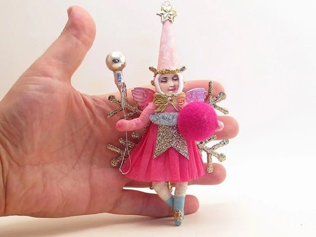 Pink Fairy On Golden Snowflake | Vintage by Crystal Spun Cotton Ornament - Bon Ton goods
