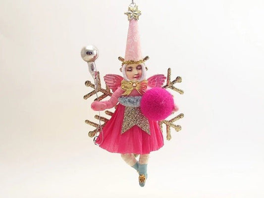 Pink Fairy On Golden Snowflake | Vintage by Crystal Spun Cotton Ornament - Bon Ton goods
