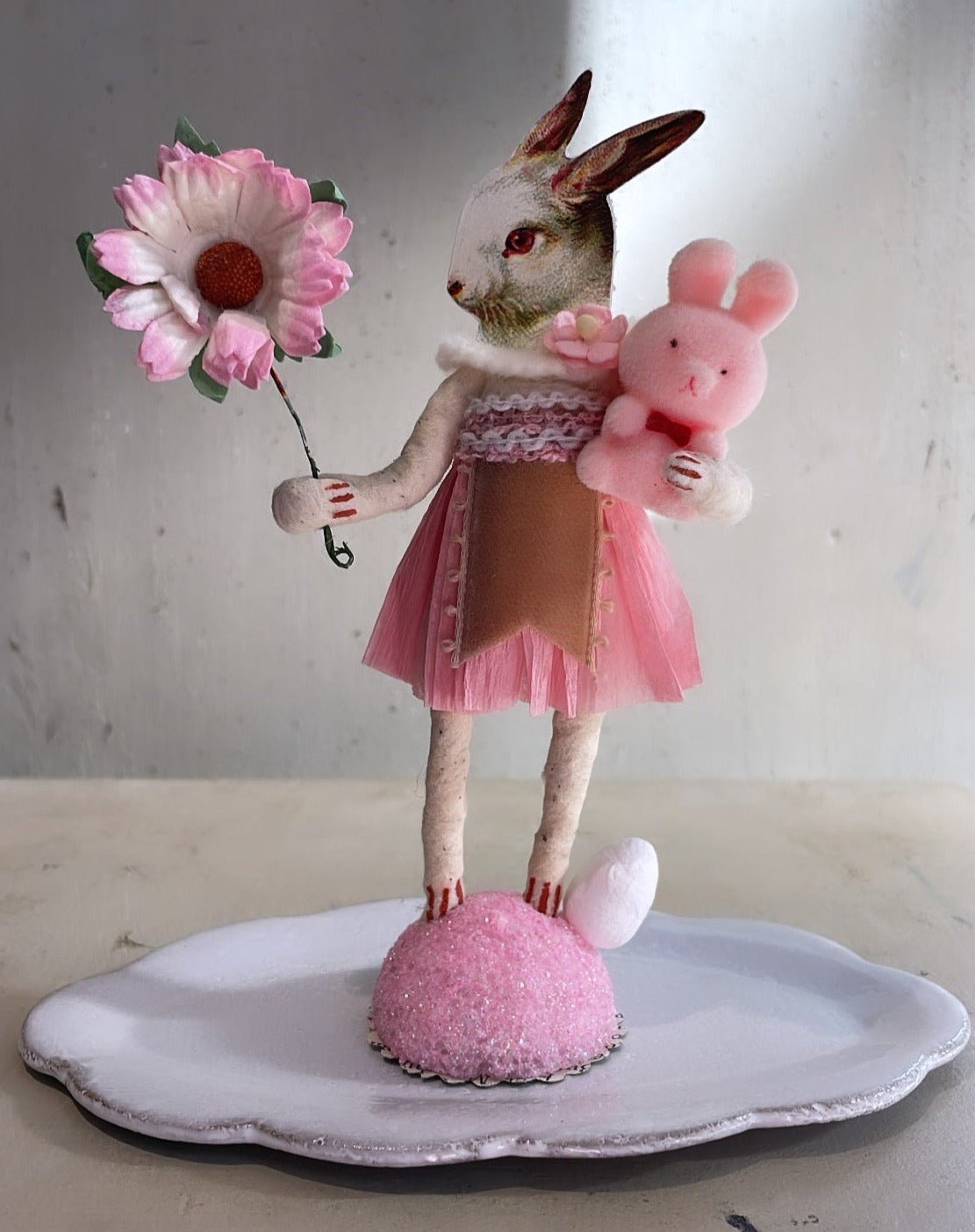 Pink Pretty Bunny Figure | Vintage by Crystal Spun Cotton Ornament - Bon Ton goods