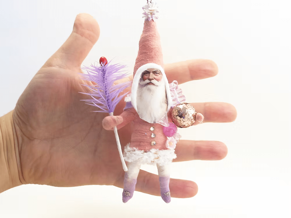 Pink Santa Goose Feather Ornament | Vintage by Crystal Spun Cotton Ornament - Bon Ton goods