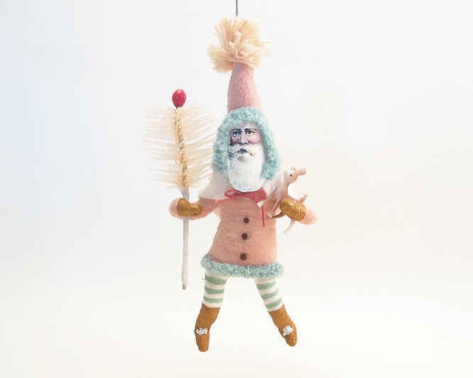 Pink Santa With Fawn & Goose Feather Sprig | Vintage by Crystal Spun Cotton Ornament - Bon Ton goods