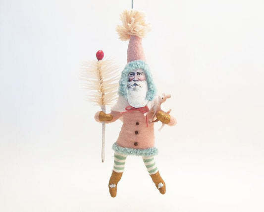 Pink Santa With Fawn & Goose Feather Sprig | Vintage by Crystal Spun Cotton Ornament - Bon Ton goods
