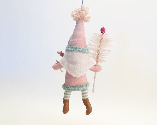 Pink Santa With Fawn & Goose Feather Sprig | Vintage by Crystal Spun Cotton Ornament - Bon Ton goods