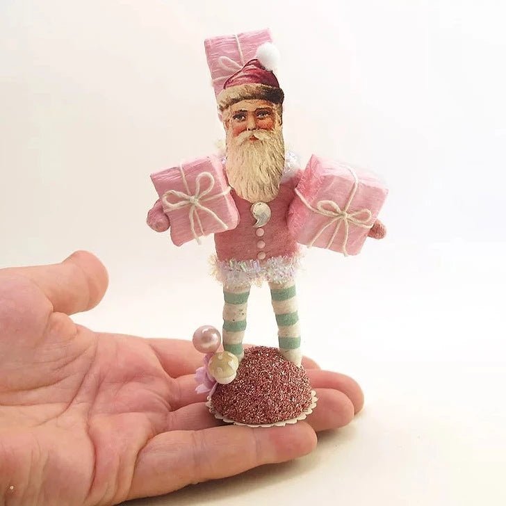 Pink Santa With Presents Figure - Vintage Inspired Spun Cotton | Vintage by Crystal Spun Cotton Ornament - Bon Ton goods