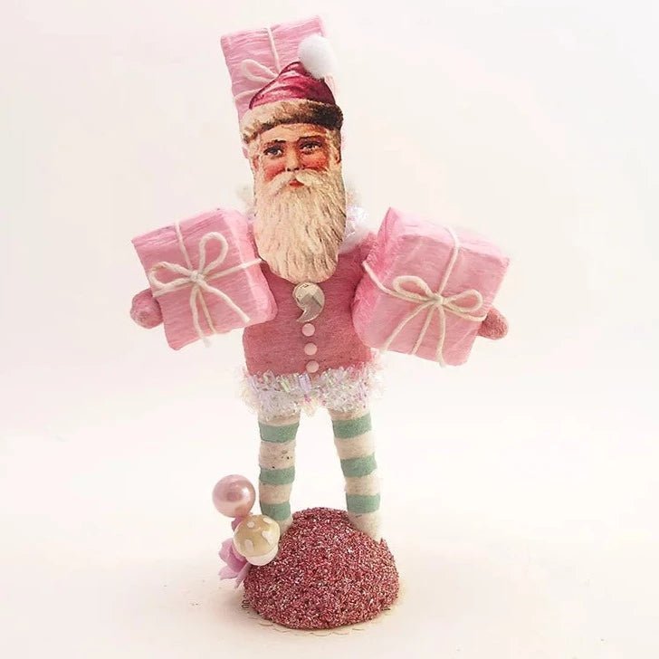 Pink Santa With Presents Figure - Vintage Inspired Spun Cotton | Vintage by Crystal Spun Cotton Ornament - Bon Ton goods