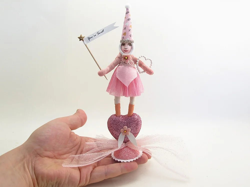 Pink Standing Heart Rock Girl Figure | Vintage by Crystal Spun Cotton Ornament - Bon Ton goods