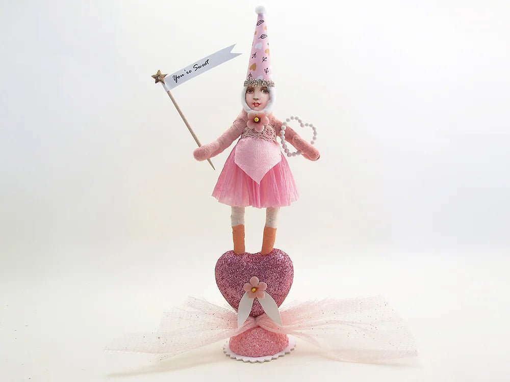 Pink Standing Heart Rock Girl Figure | Vintage by Crystal Spun Cotton Ornament - Bon Ton goods