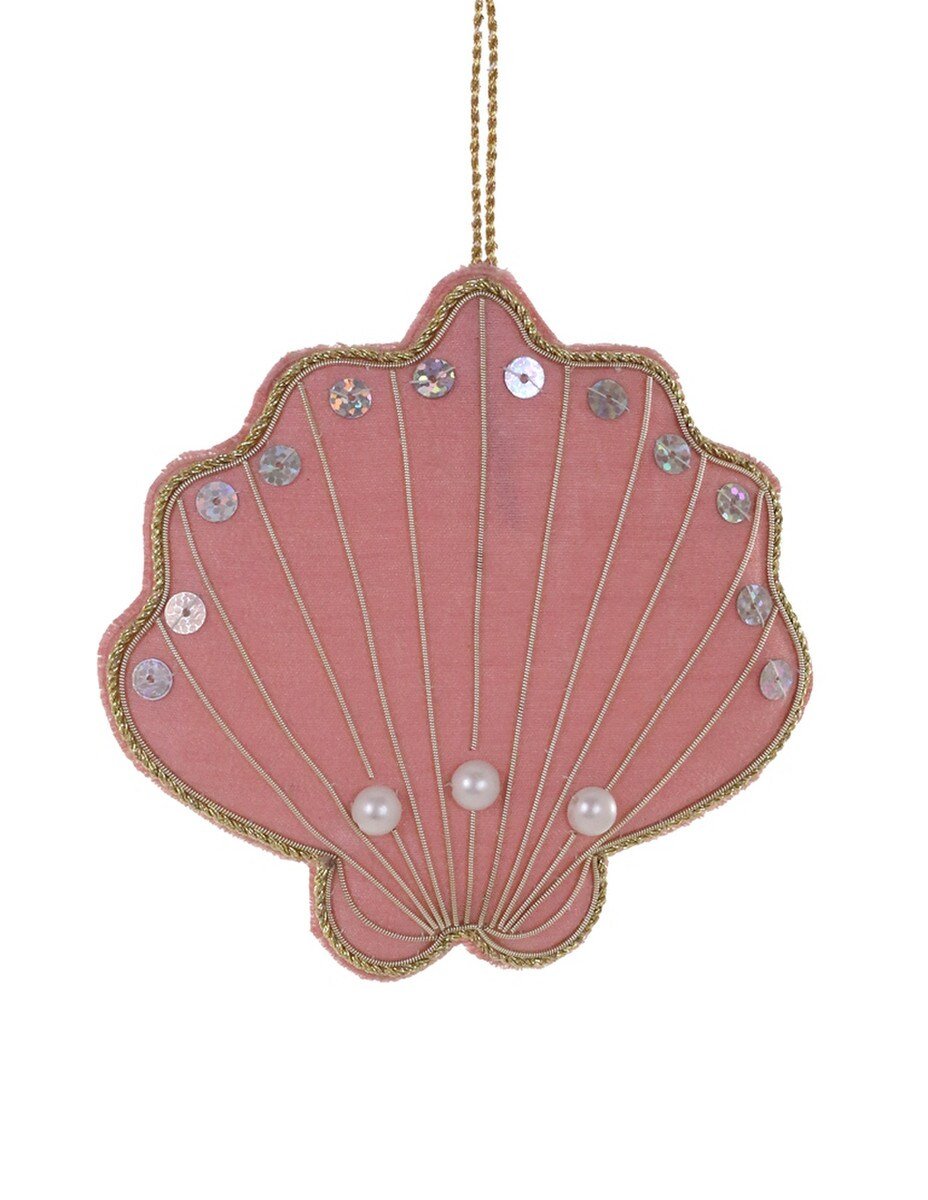 Pink Tinsel Scallop Shell Kantha Ornament - Bon Ton goods