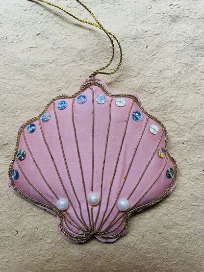 Pink Tinsel Scallop Shell Kantha Ornament - Bon Ton goods