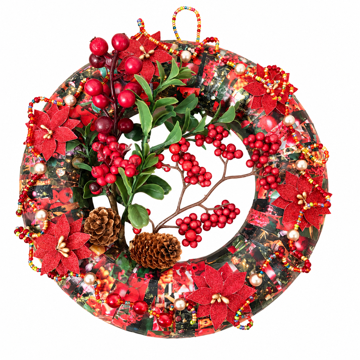 Poinsettia & Berry Christmas Wreath by Eclectic Tree with red flowers, beading and pine cones