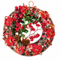Poinsettia & Berry Christmas Wreath by Eclectic Tree with red flowers, beading and pine cones