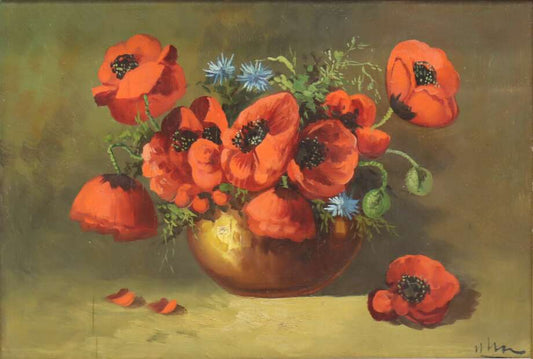 Poppies Still Life, Unidentified Artist (Oil on Panel, 49 × 33 cm) - Bon Ton goods