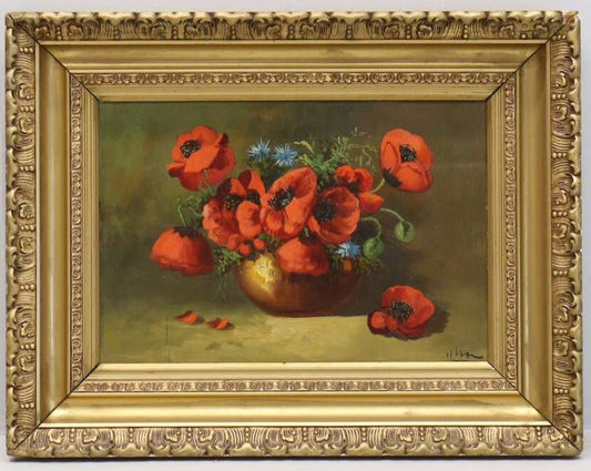 Poppies Still Life, Unidentified Artist (Oil on Panel, 49 × 33 cm) - Bon Ton goods